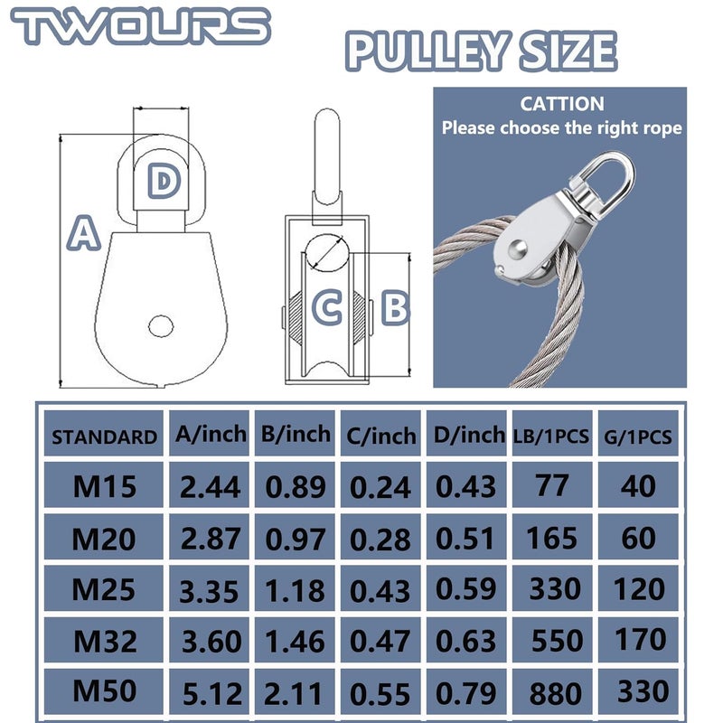 Twours Pulley 304 Stainless Steel Single Pulley Block M50 Small Heavy Duty Swivel Bearing Pulley System for Rigging, Lifting, Cargo Transportation,Gym Equipment (M50 5PCS) - Image 2